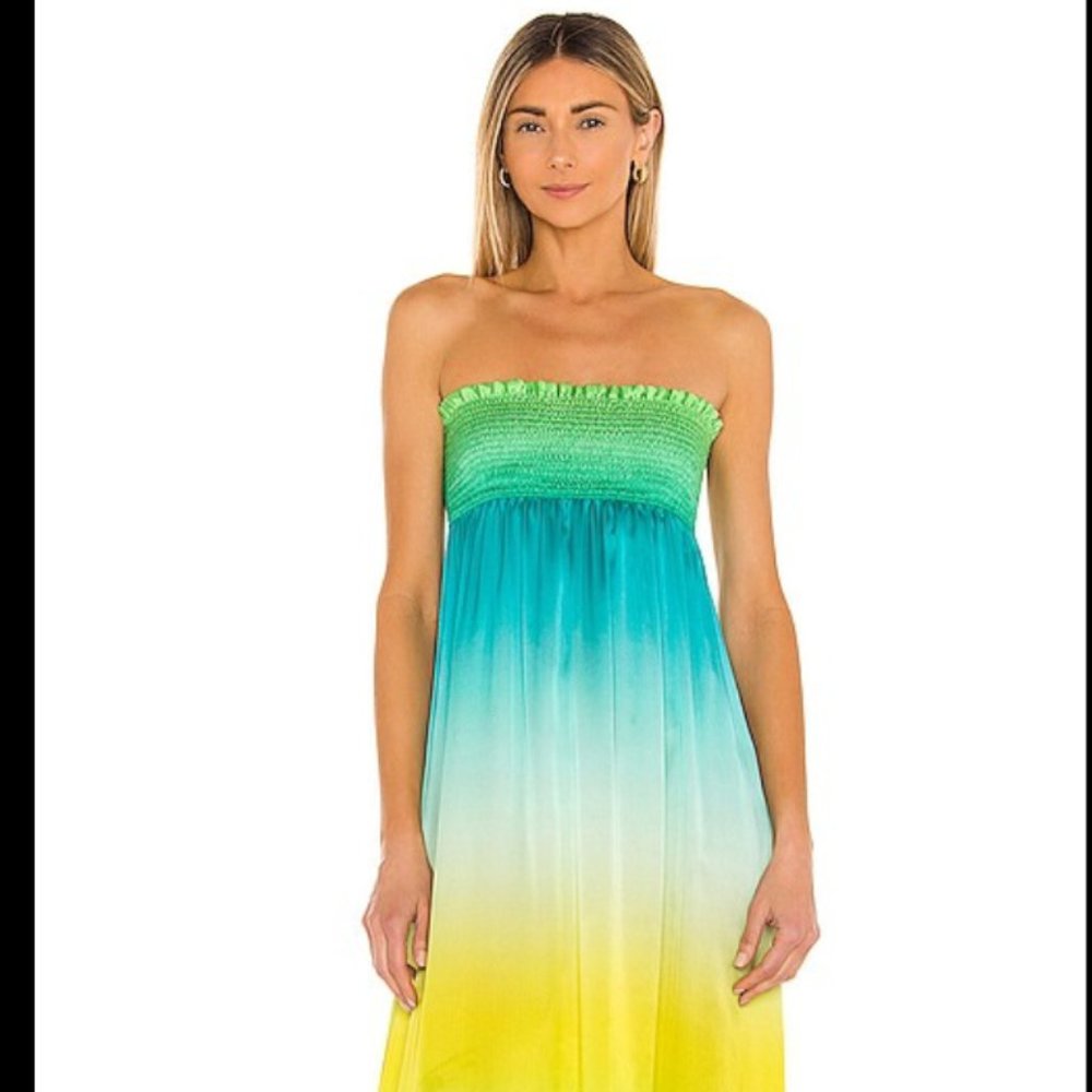NWOT Silk Adriana Iglesias Maxi Dress Dreamy Turquoise Green Yellow White